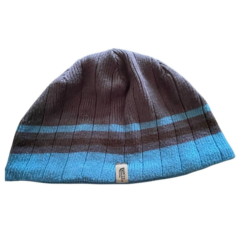The North Face Beanie Knit Cap Hat Men's Small/Med Blue Stripe Winter Ski Sports